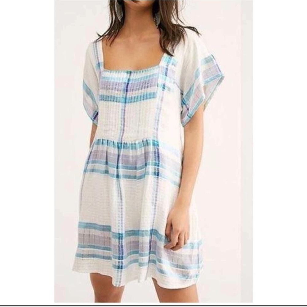 Free People Barcelona Shimmer Plaid Mini Dress Metallic Sparkle Boho Beach Large